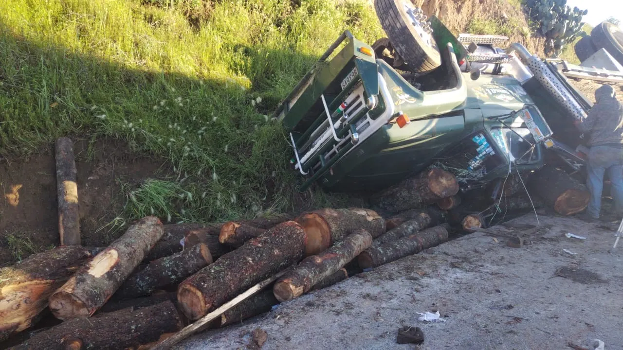 Chocan camión con troncos y de pasajeros en Nopaltepec