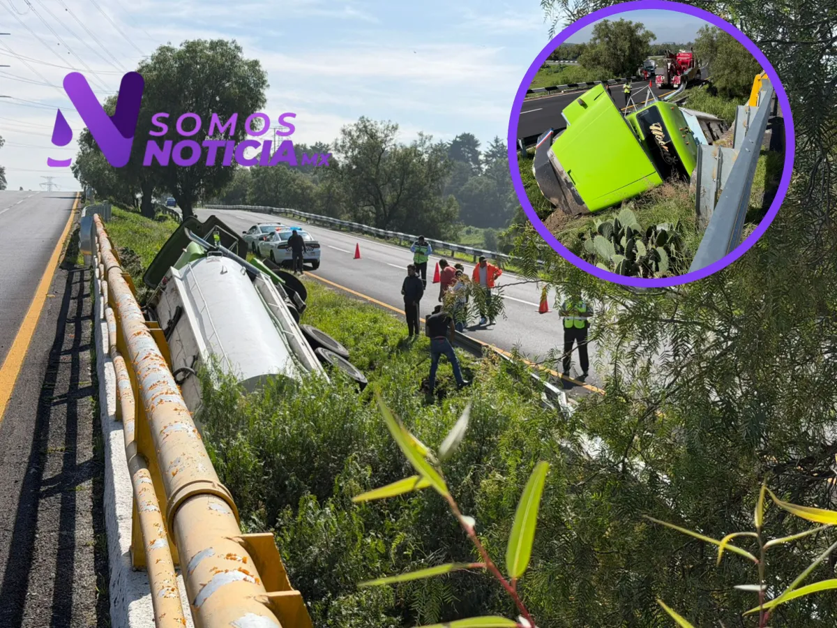 Pipa vuelca en la México-Pirámides y queda al borde de caer sobre la carretera libre